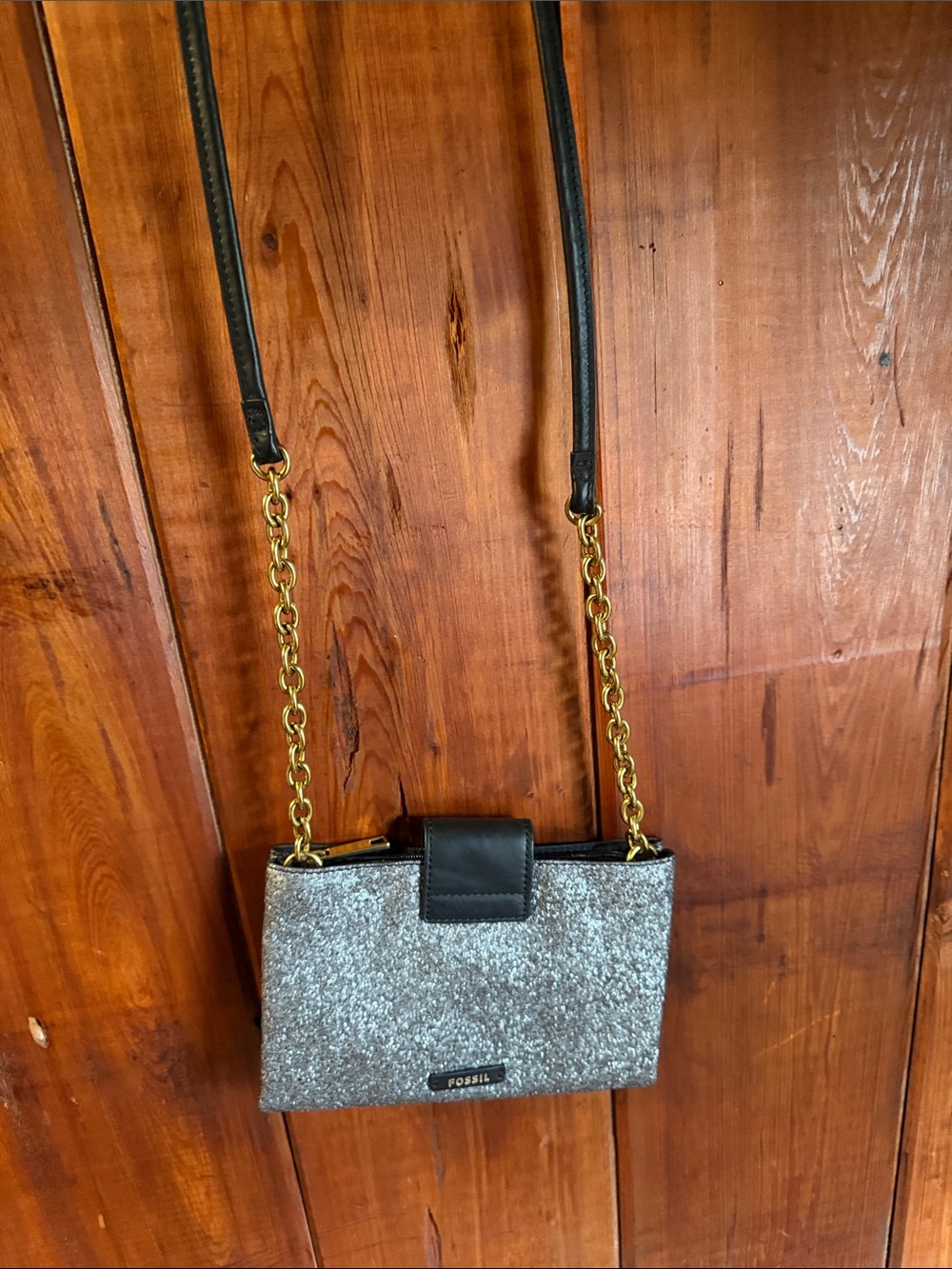 Fossil Silver Glitter Crossbody with Black Trim and Gold Chain